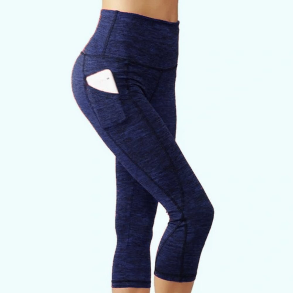 CodeFit Capri Power Flex Dry-Fit Leggings with Pockets in Heathered Blue